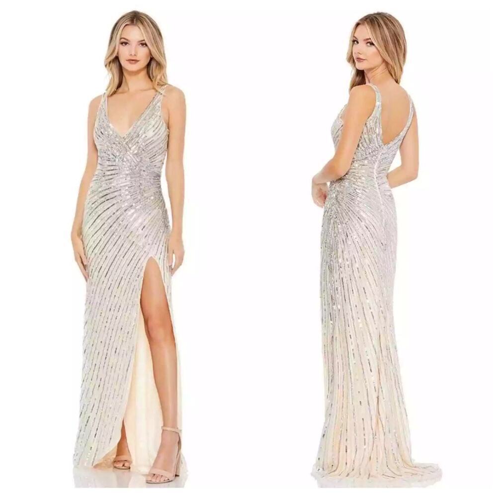 Mac Duggal 5372 Sexy V-Neckline and Thigh-High Slit Dress Nude/Silver Size 8 NWT